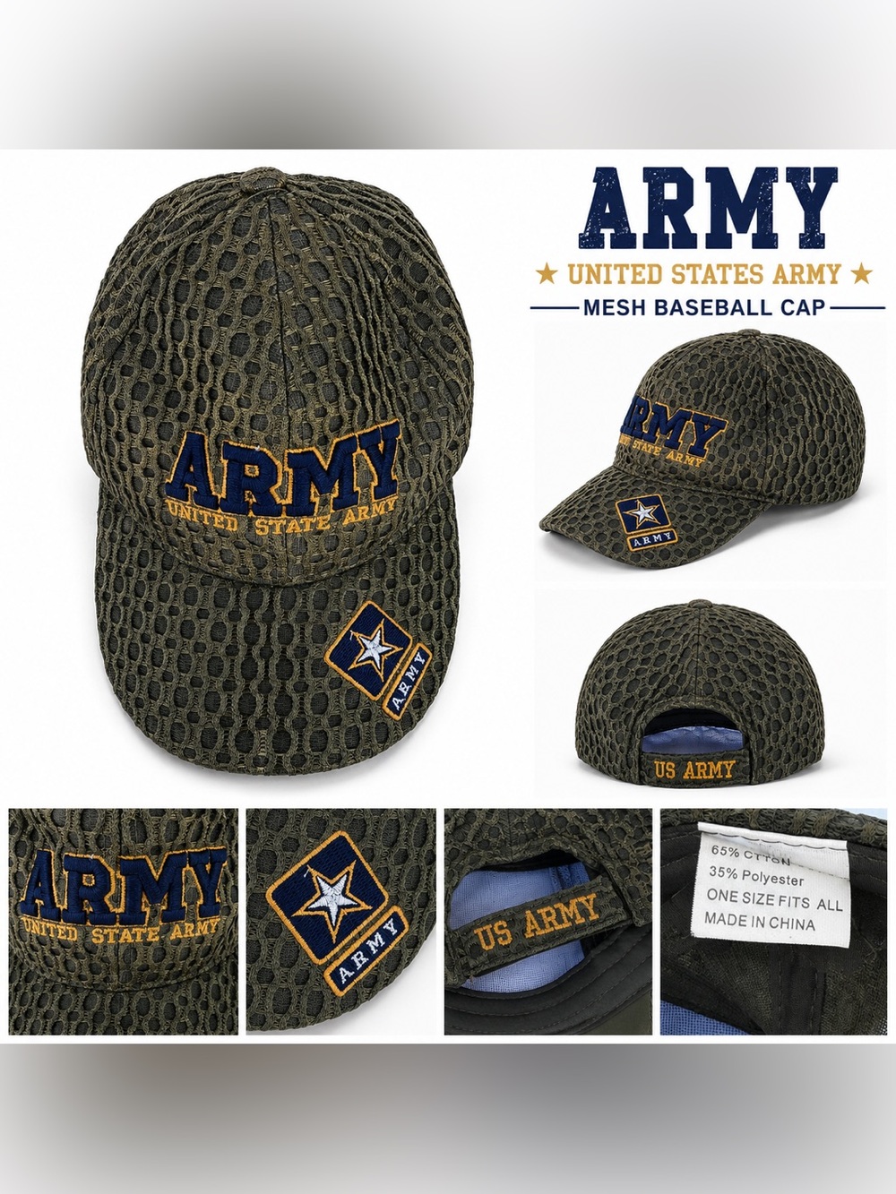 US Army Mesh Camo Baseball Cap Adjustable One Size Olive Green Military Hat